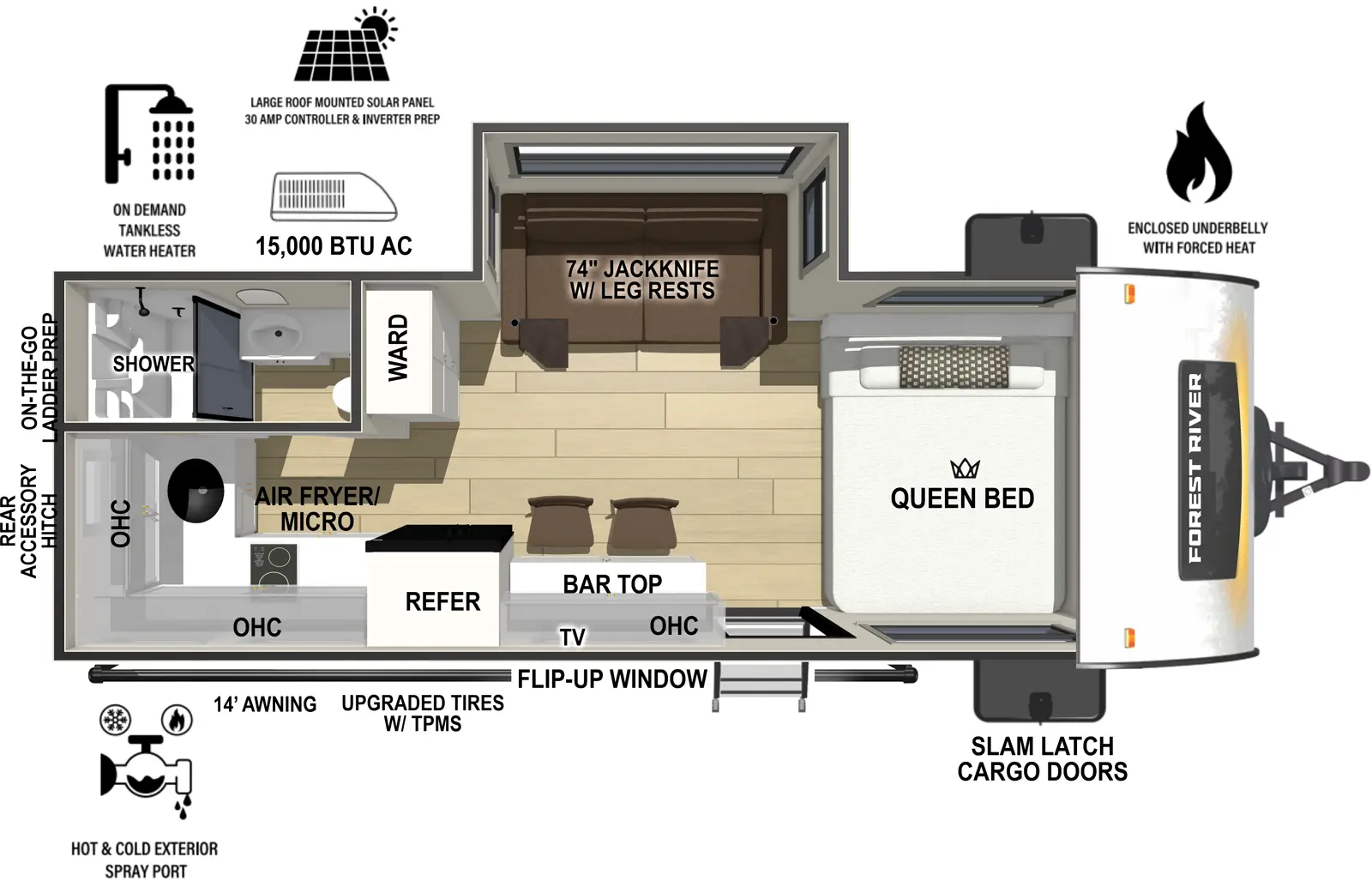 The r-pod RP-185 floorplan has one entry and one slide out. Exterior features include: fiberglass exterior and 14' awning. Interiors features include: front bedroom.